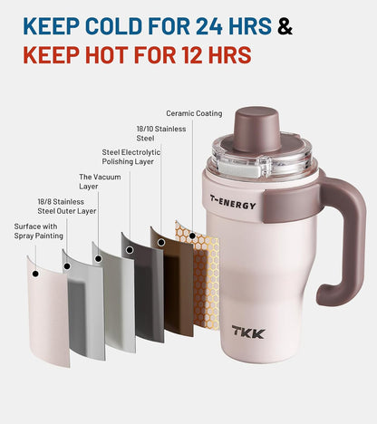 27 Oz Tumbler with Handle and Straw, Ceramic Coating Insulated Bottle 100% Leakproof Travel Mug for Water, Iced Tea or Coffee, Smoothie, Cup Holder Friendly Base, Pink
