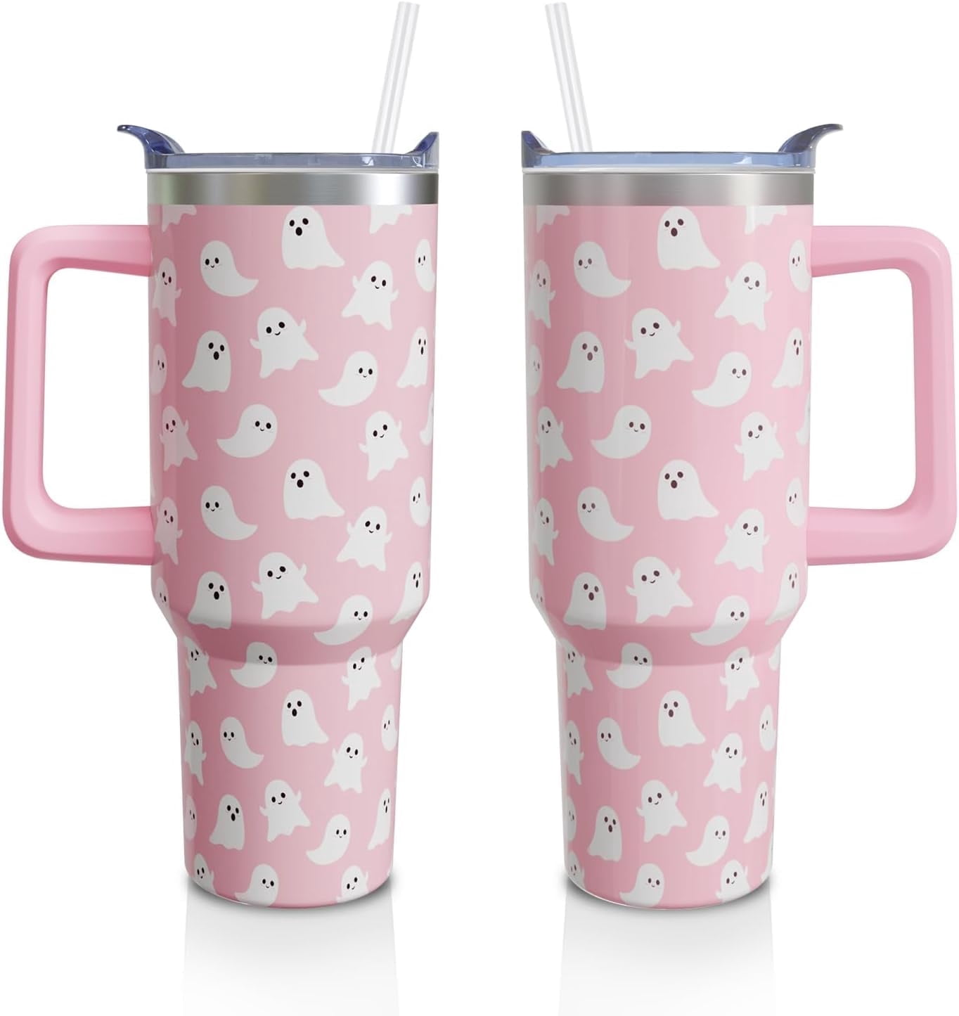 Halloween Ghosts 40 Oz Tumbler with Handle and Straw, Cute Spooky Stainless Steel Double Walled Vacuum Insulated Cup, Holiday Gifts for Women Girls