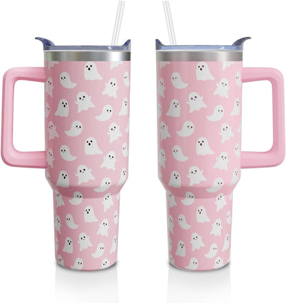 Halloween Ghosts 40 Oz Tumbler with Handle and Straw, Cute Spooky Stainless Steel Double Walled Vacuum Insulated Cup, Holiday Gifts for Women Girls