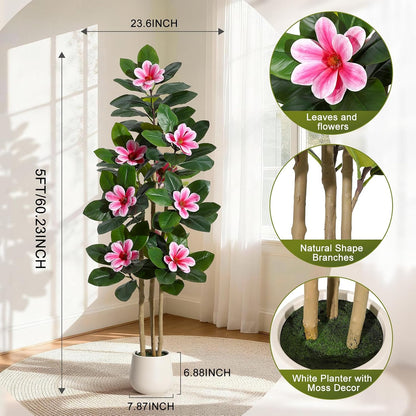 Faux Rubber Tree, 60 Inch Artificial Plants Indoor with Real Touch Leaves and Multi Trunks, Artificial Tree Fake Potted Plants with Pink Flowers for Home Decor Office Living Room