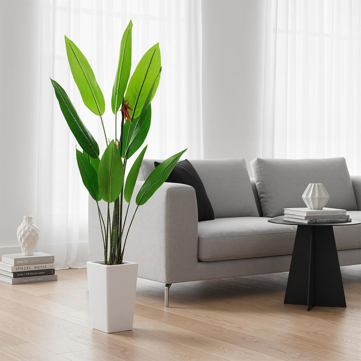 5.6 FT Artificial Bird of Paradise Tree with Artificial Flowers, Faux Artificial Plants for Indoor&Outdoor with 12 Leaves Fake Banana Leaf Plant Artificial Palm Tree with White Tall Planter