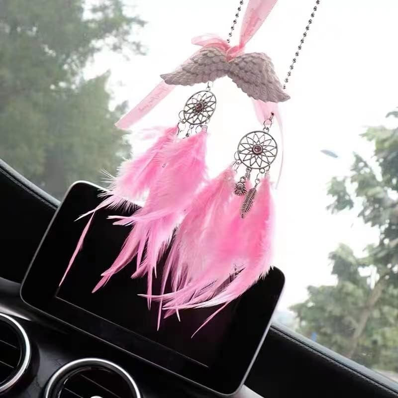 Dream Catcher Car Interior Rearview Hanging Decor Car Decorations for Women Feather Boho Hanging Decorations(Pink)