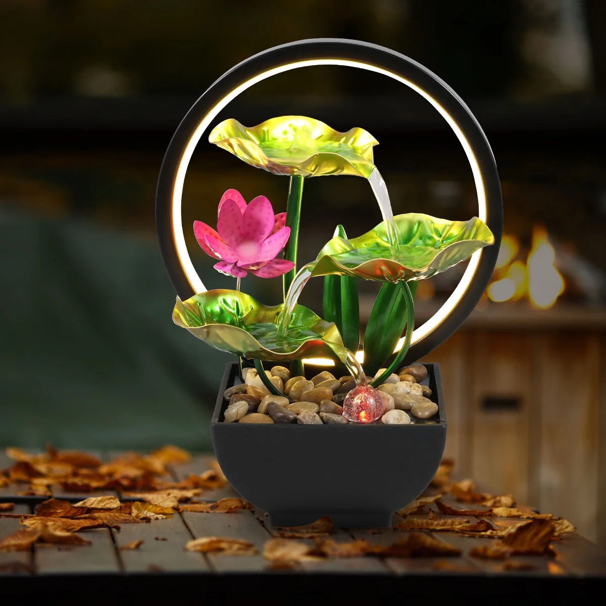 Tabletop Fountain 3-Tiers Lotus Leaf Small Waterfall Fountains Indoor Water Fountain with Rocks and LED Ring Lights Desktop Fountains for Meditation Relaxation Home Bedroom Living Room Office Decor