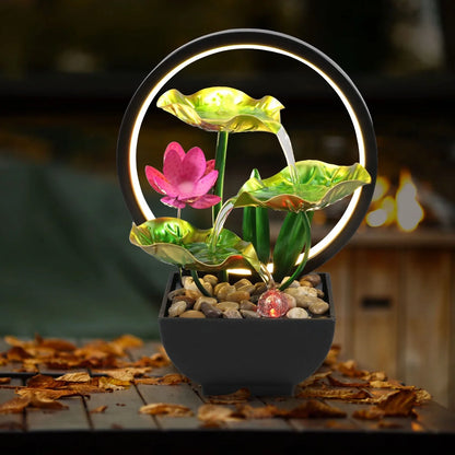 Tabletop Fountain 3-Tiers Lotus Leaf Small Waterfall Fountains Indoor Water Fountain with Rocks and LED Ring Lights Desktop Fountains for Meditation Relaxation Home Bedroom Living Room Office Decor