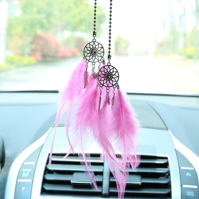 Dream Catcher Car Interior Rearview Hanging Decor Car Decorations for Women Feather Boho Hanging Decorations(Pink)