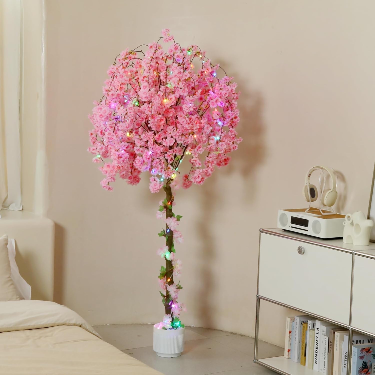 Artificial Cherry Blossom Tree, 6FT Height with 100 LED Lights, Faux Silk Plant in Pot for Home, Office, Wedding, Garden, Party, and Hotel Decorations (Pink, 6FT)