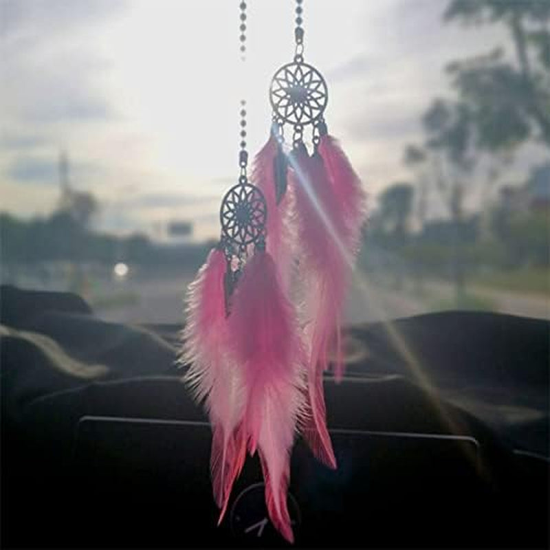 Dream Catcher Car Interior Rearview Hanging Decor Car Decorations for Women Feather Boho Hanging Decorations(Pink)