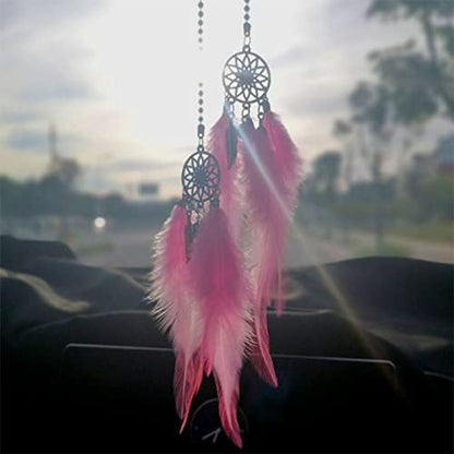 Dream Catcher Car Interior Rearview Hanging Decor Car Decorations for Women Feather Boho Hanging Decorations(Pink)