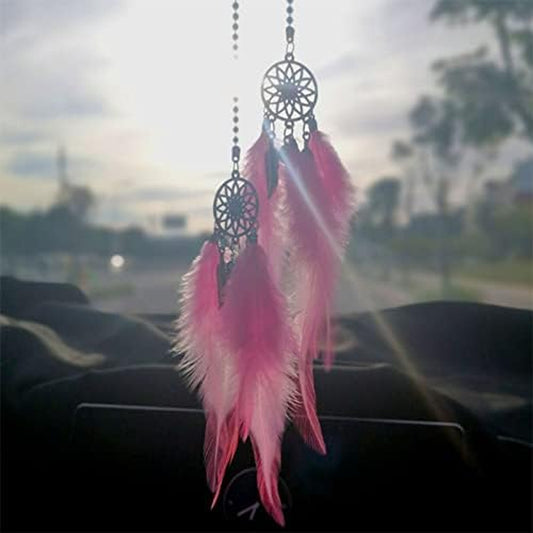 Dream Catcher Car Interior Rearview Hanging Decor Car Decorations for Women Feather Boho Hanging Decorations(Pink)