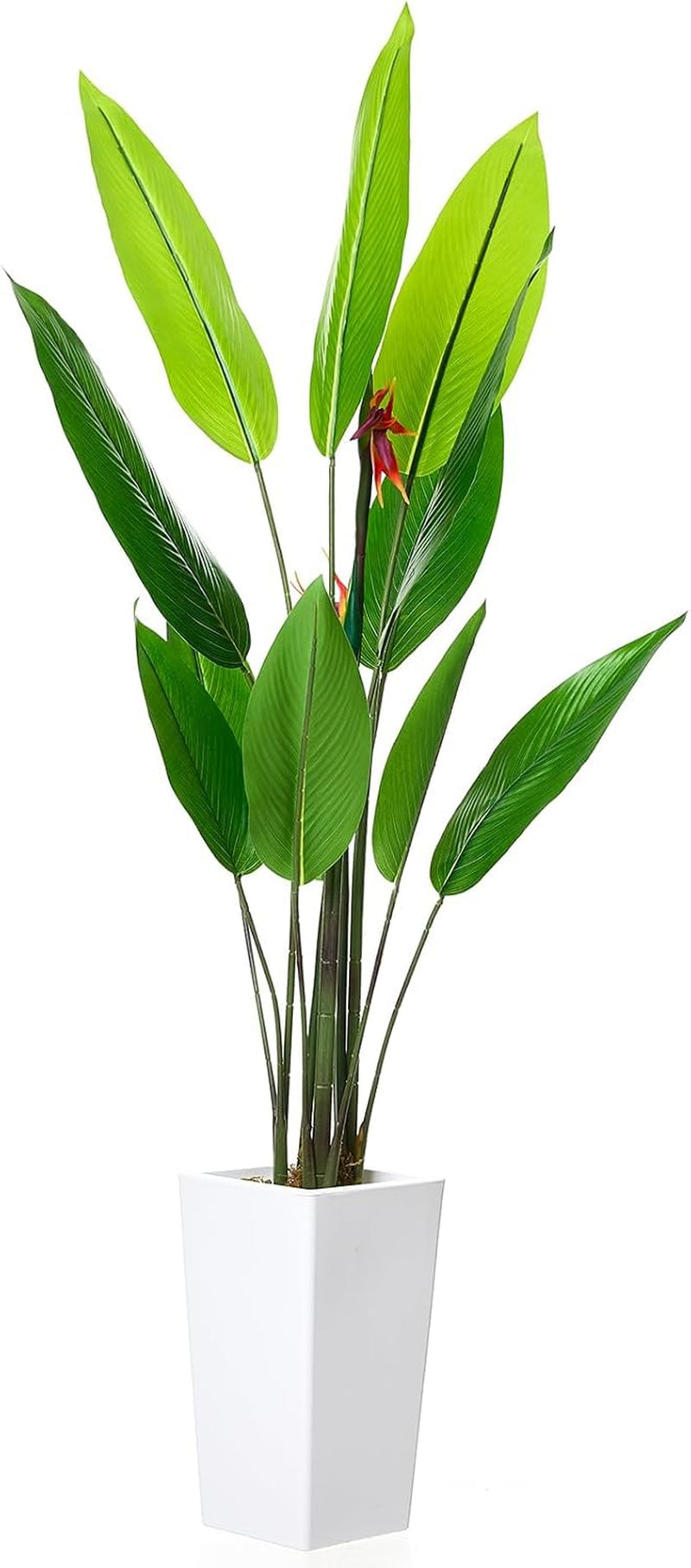 5.6 FT Artificial Bird of Paradise Tree with Artificial Flowers, Faux Artificial Plants for Indoor&Outdoor with 12 Leaves Fake Banana Leaf Plant Artificial Palm Tree with White Tall Planter