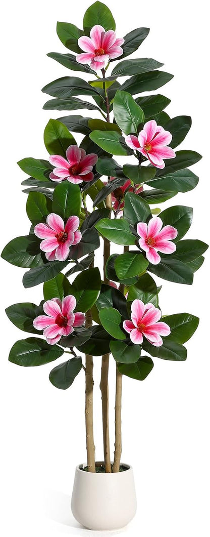 Faux Rubber Tree, 60 Inch Artificial Plants Indoor with Real Touch Leaves and Multi Trunks, Artificial Tree Fake Potted Plants with Pink Flowers for Home Decor Office Living Room