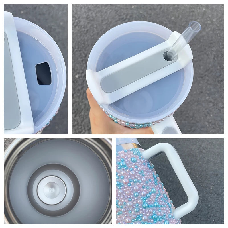 40Oz Diamond Thermos Cup with Handle 304 Stainless Steel Vacuum Flasks Portable Car Coffee Cup Insulated Thermal Water Bottles