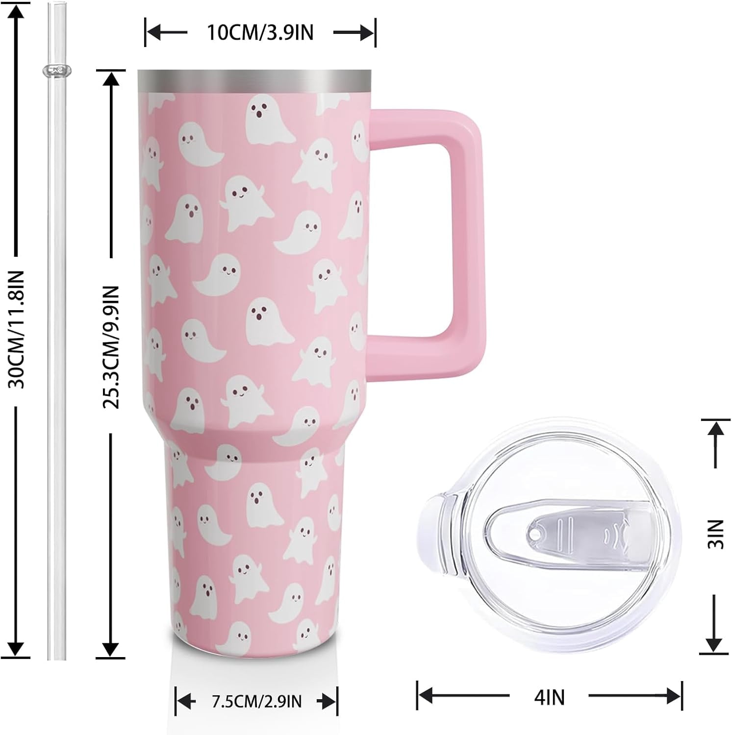 Halloween Ghosts 40 Oz Tumbler with Handle and Straw, Cute Spooky Stainless Steel Double Walled Vacuum Insulated Cup, Holiday Gifts for Women Girls