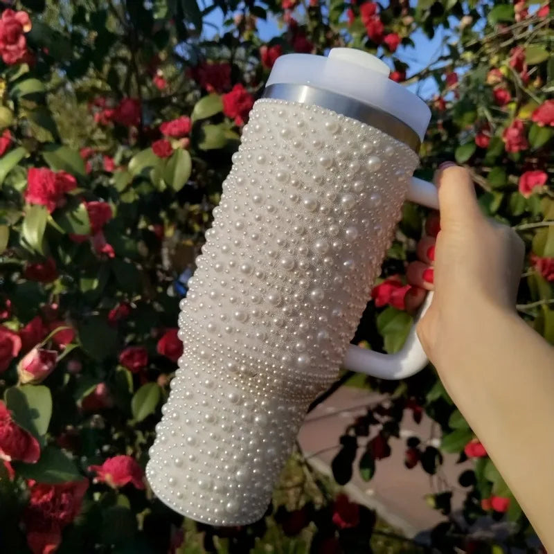 40Oz Diamond Thermos Cup with Handle 304 Stainless Steel Vacuum Flasks Portable Car Coffee Cup Insulated Thermal Water Bottles