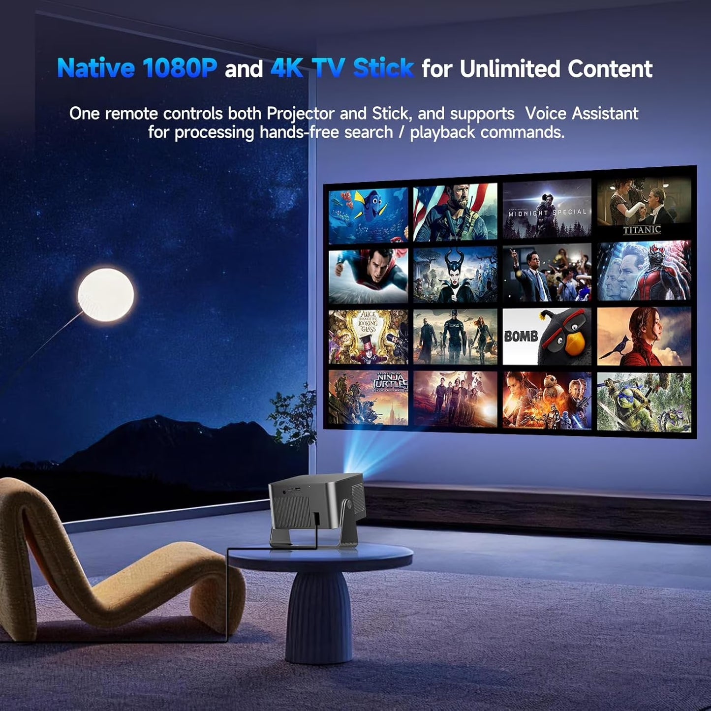 Smart Projector 4K Support, Portable Projector with Wifi and BT, TV Stick Built-In, Auto Focus & Obstacle Avoidance, 900 ANSI, Voice Control, Home Theater Movie Proyector Outdoor HY350GT