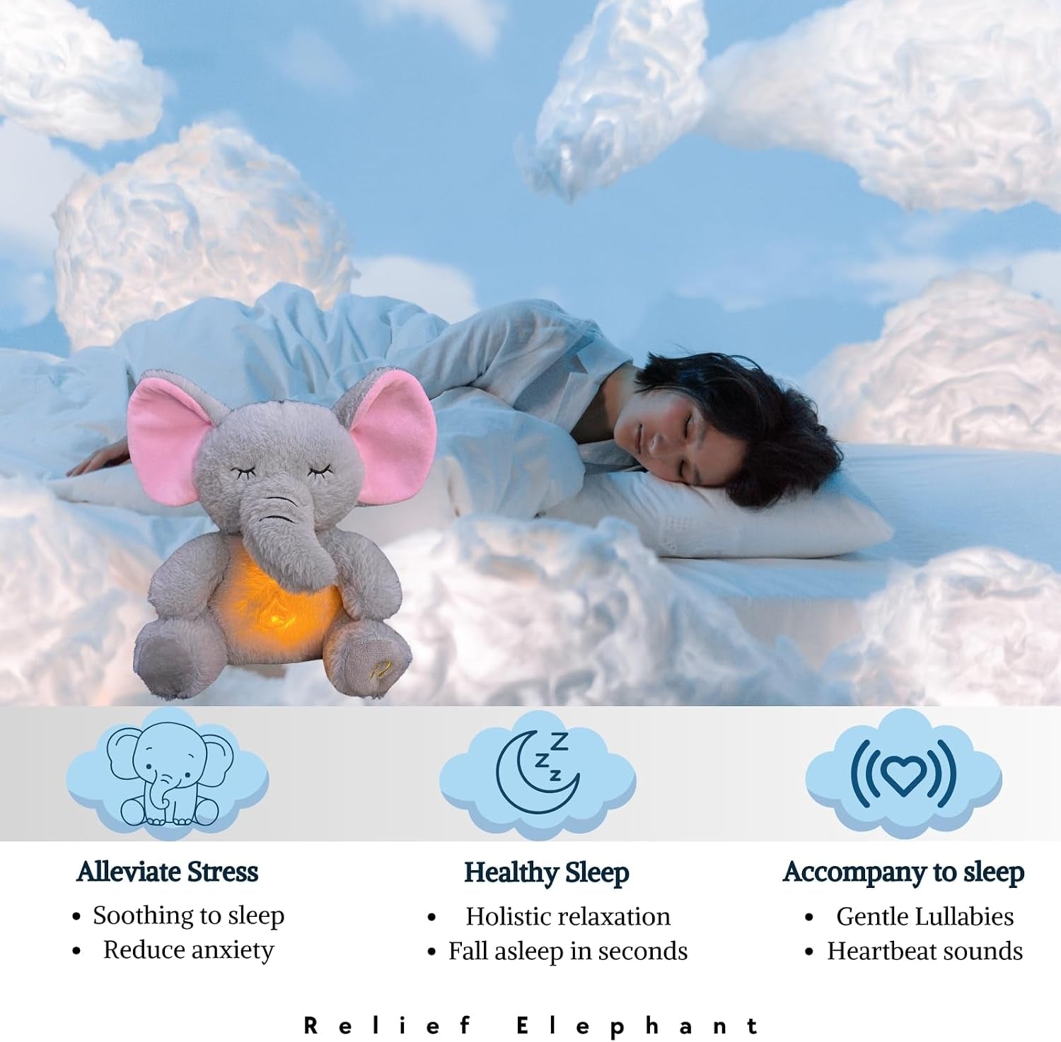 Anxiety Relief Koala Elephant, Breathing Teddy Anxiety Bear with Calming Music, Lights, Sleeping Otter Plush, Soothing Elephant for Adults & Kids, Stress Relief Stuffed Animal