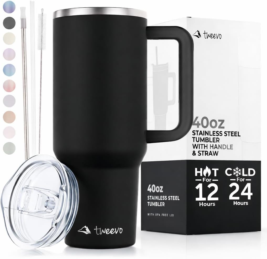 40 Oz Tumbler with Handle and Straw Made of Stainless Steel - Double Wall Vacuum Insulated Tumbler with Lid - Sweat Proof Easy Grip, Bpa-Free, Dishwasher Safe Tumbler (Black)