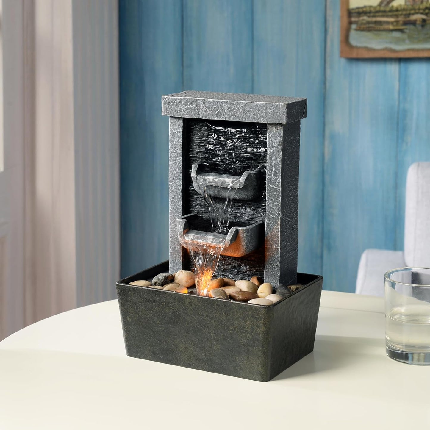 Indoor Waterfall Fountain, 10.3" Tabletop Water Fountain with LED Lights & River Rocks, Relaxing Home Office Decor