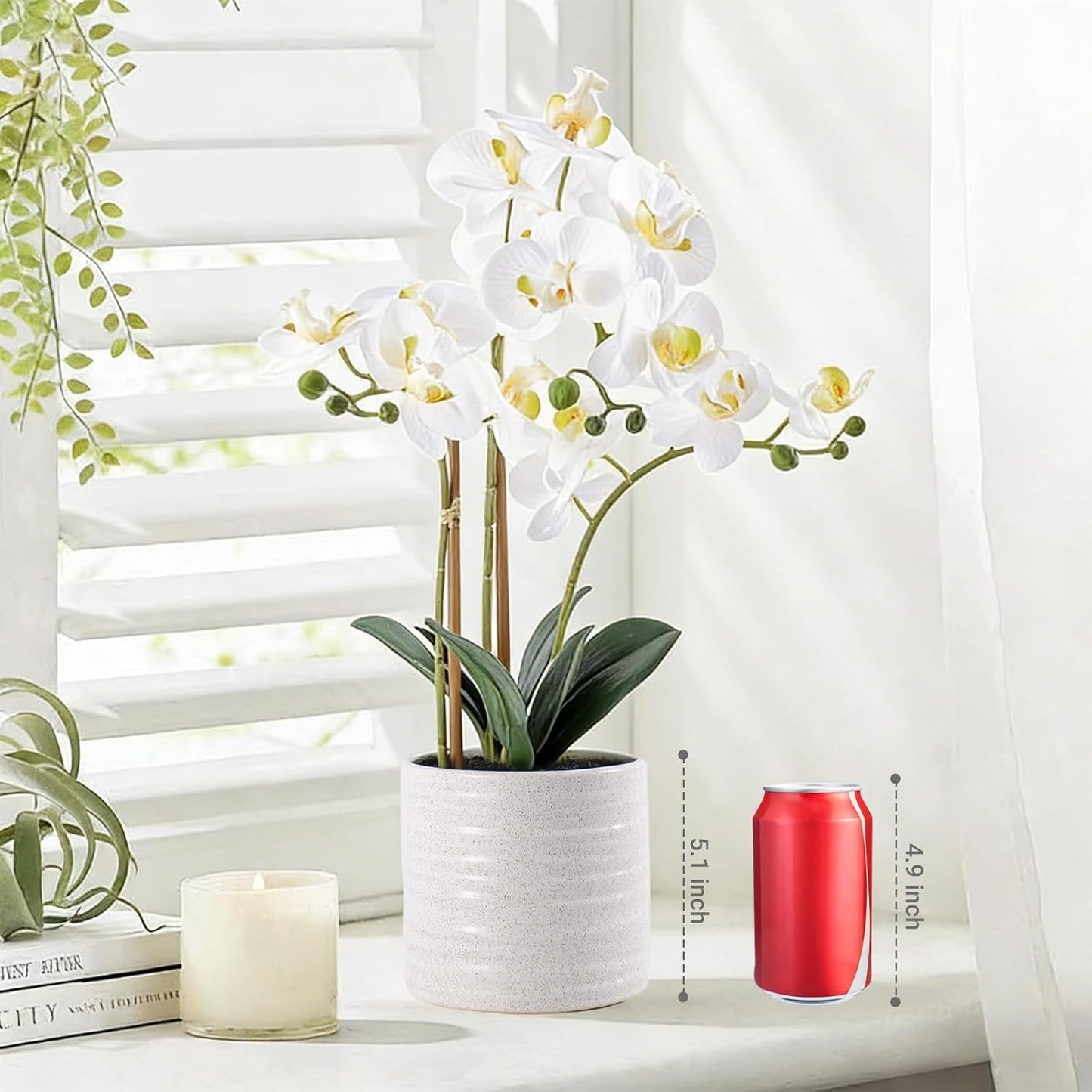 Fake Orchid Plant 23" Tall, Realistic Touch Leaves, Potted Phalaenopsis Artificial Plants Indoor for Home Decor Small Office Home Living Room-White