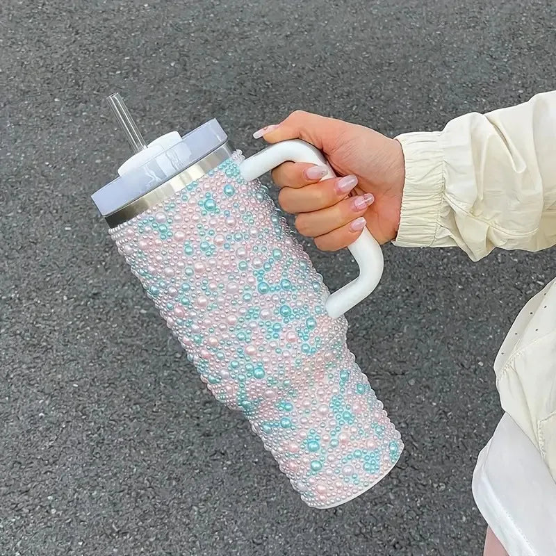 40Oz Diamond Thermos Cup with Handle 304 Stainless Steel Vacuum Flasks Portable Car Coffee Cup Insulated Thermal Water Bottles