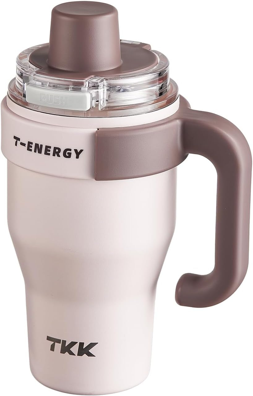 27 Oz Tumbler with Handle and Straw, Ceramic Coating Insulated Bottle 100% Leakproof Travel Mug for Water, Iced Tea or Coffee, Smoothie, Cup Holder Friendly Base, Pink