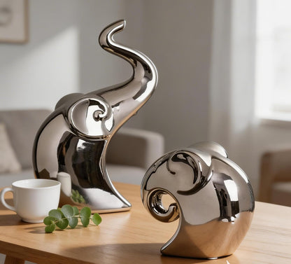 Couple Elephant Statues, Silver Ceramic Figurines for Romance Home & Wedding Decor