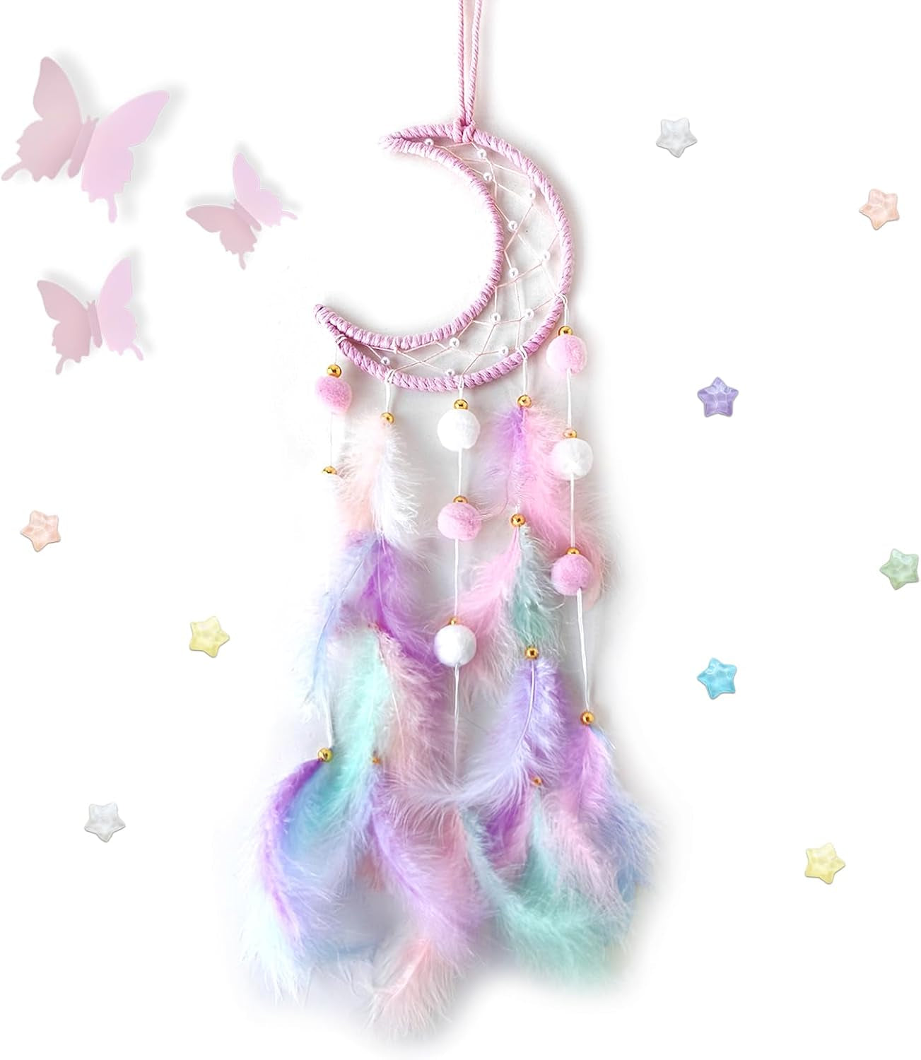 Pink Dream Catcher Wall Hanging Set - 10 Butterflies & 16 Stars, Boho Room Decor for Girls, Easy Peel & Stick Wall Art for Bedroom, Nursery, Teen Room for Daughter, Birthday, Christmas