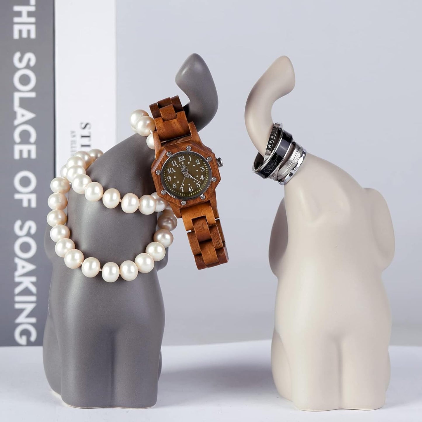 Set of 2 Loving Elephant Statue Figurine, 6" Elephant Ring Holder, Gifts for Couples Home Lucky Decor - Grey