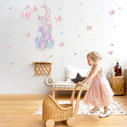 Pink Dream Catcher Wall Hanging Set - 10 Butterflies & 16 Stars, Boho Room Decor for Girls, Easy Peel & Stick Wall Art for Bedroom, Nursery, Teen Room for Daughter, Birthday, Christmas
