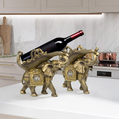 Thai Elephant Decorative Wine Rack Rest Bottle Holder Figurine Statue, Home Decor Display Table Centerpiece for Tabletops and Counters, Wine Lovers Birthday Unique Gifts for Women Set of 2