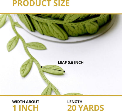 Leaf Ribbon 20 Yard Fabric Ribbons Roll Green Leaf Tape 1" Width Artificial Olive Trim Tape for Gift Wrapping Craft DIY