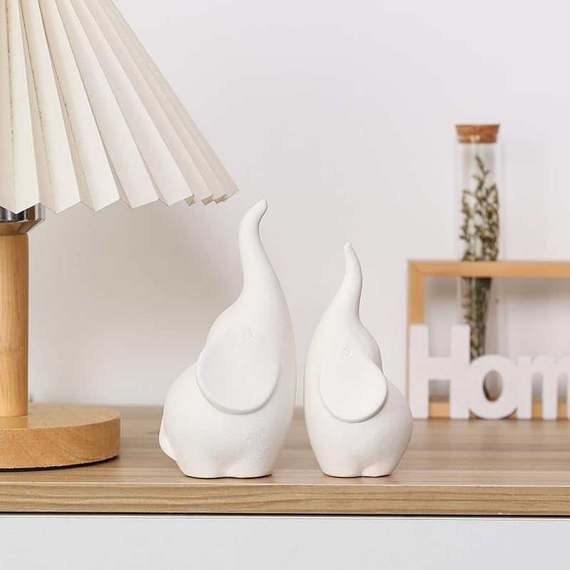 A Pair White Elephant Figurine Home Decor, Modern Style Ceramic Elephant Statues for Accents Living Room Office Table Bookshelf Desk Bedroom Decoration