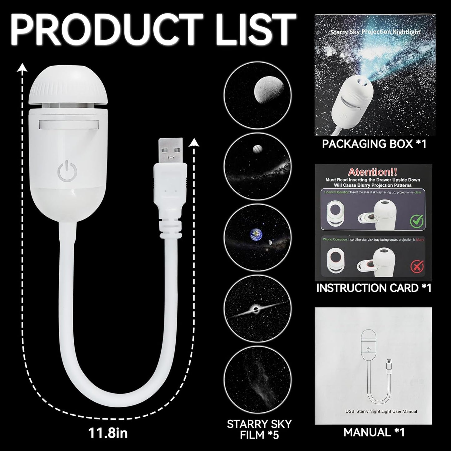2-In-1 Galaxy Projector Night Light with 5 Sliding Projection Films, Adjustable Brightness & Focus, 360° Rotating Design, USB Starry Sky Night Light Projector for Bedroom Car Ceiling Decor