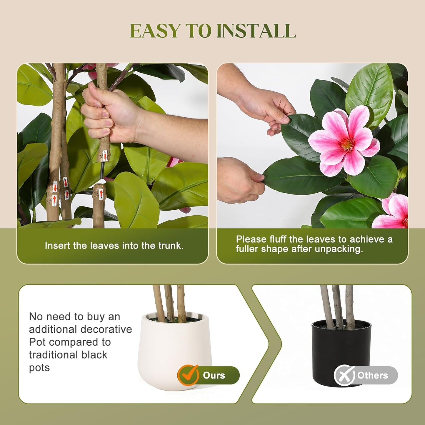 Faux Rubber Tree, 60 Inch Artificial Plants Indoor with Real Touch Leaves and Multi Trunks, Artificial Tree Fake Potted Plants with Pink Flowers for Home Decor Office Living Room