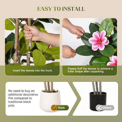 Faux Rubber Tree, 60 Inch Artificial Plants Indoor with Real Touch Leaves and Multi Trunks, Artificial Tree Fake Potted Plants with Pink Flowers for Home Decor Office Living Room