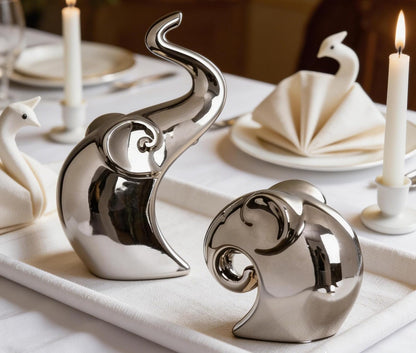 Couple Elephant Statues, Silver Ceramic Figurines for Romance Home & Wedding Decor