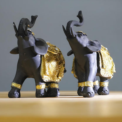 Luck Elephant Decor Set with Trunks up - Feng Shui Resin Black and Golden Couple Elephant Figurines - Pair of Elephants Statue, Modern Sculpture for Home Decor