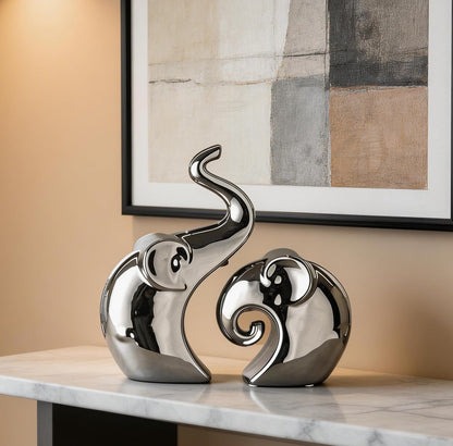 Couple Elephant Statues, Silver Ceramic Figurines for Romance Home & Wedding Decor