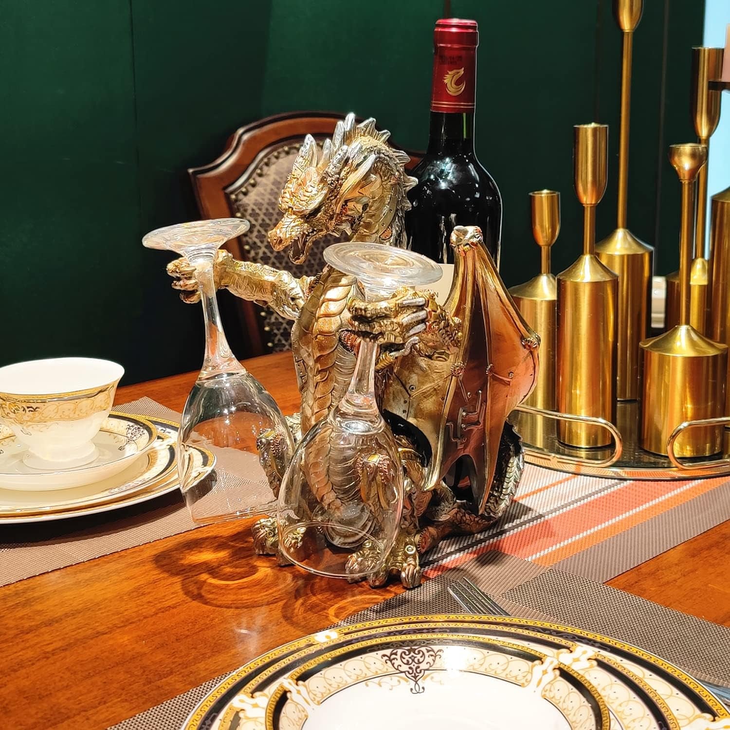 Steampunk Dragon Wine Bottle Wine Holder Statue with Two Wine Glasses Holder Wine Rack Gothic Decor Metallic Look for Home Man Cave Decor Gifts for Men 11.6''High