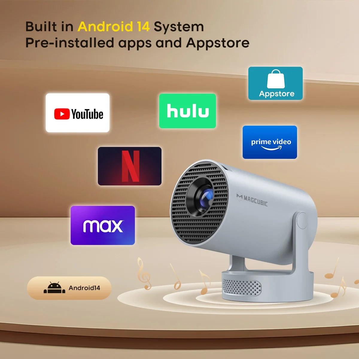Projector 8K&4K 1080P Support, 290 ANSI Mini Projector Smart with 5W Soundbase Speaker for Movie Projection, HY300 Pro+ Grey