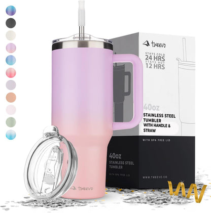 40 Oz Tumbler with Handle and Straw Made of Stainless Steel - Double Wall Vacuum Insulated Tumbler with Lid - Sweat Proof Easy Grip, Bpa-Free, Dishwasher Safe Tumbler (Gradient Purple)