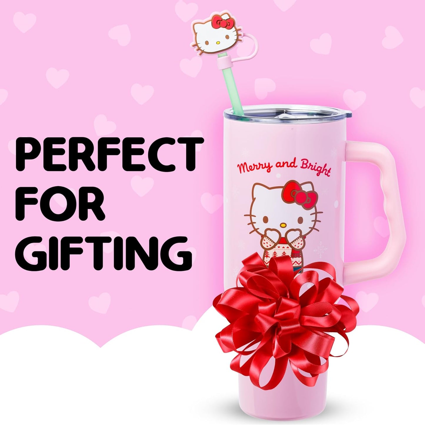 Sanrio Hello Kitty Christmas Holiday Sweater Merry and Bright Double Walled Stainless Steel Tumbler with Handle, Straw, and Straw Cap, Fits in Standard Cup Holder, 40 Ounces
