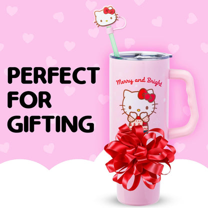 Sanrio Hello Kitty Christmas Holiday Sweater Merry and Bright Double Walled Stainless Steel Tumbler with Handle, Straw, and Straw Cap, Fits in Standard Cup Holder, 40 Ounces