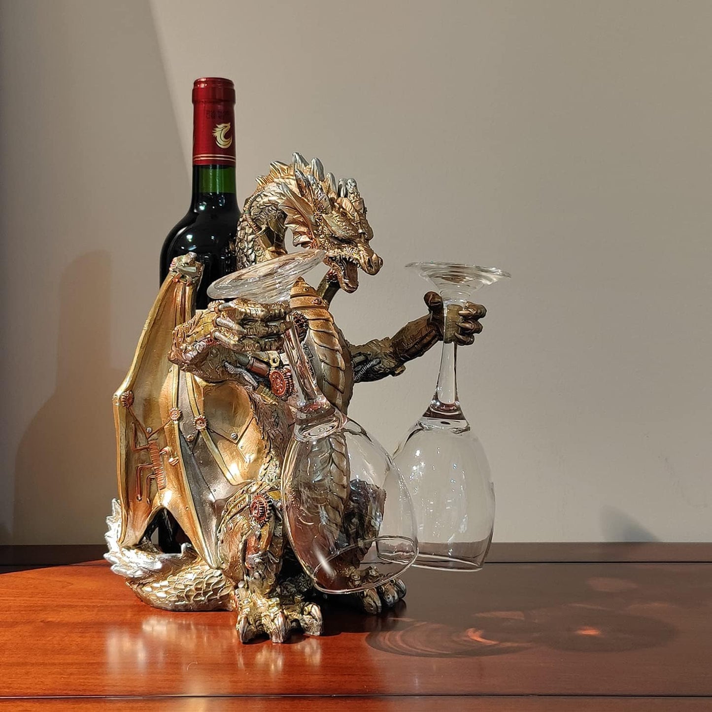 Steampunk Dragon Wine Bottle Wine Holder Statue with Two Wine Glasses Holder Wine Rack Gothic Decor Metallic Look for Home Man Cave Decor Gifts for Men 11.6''High