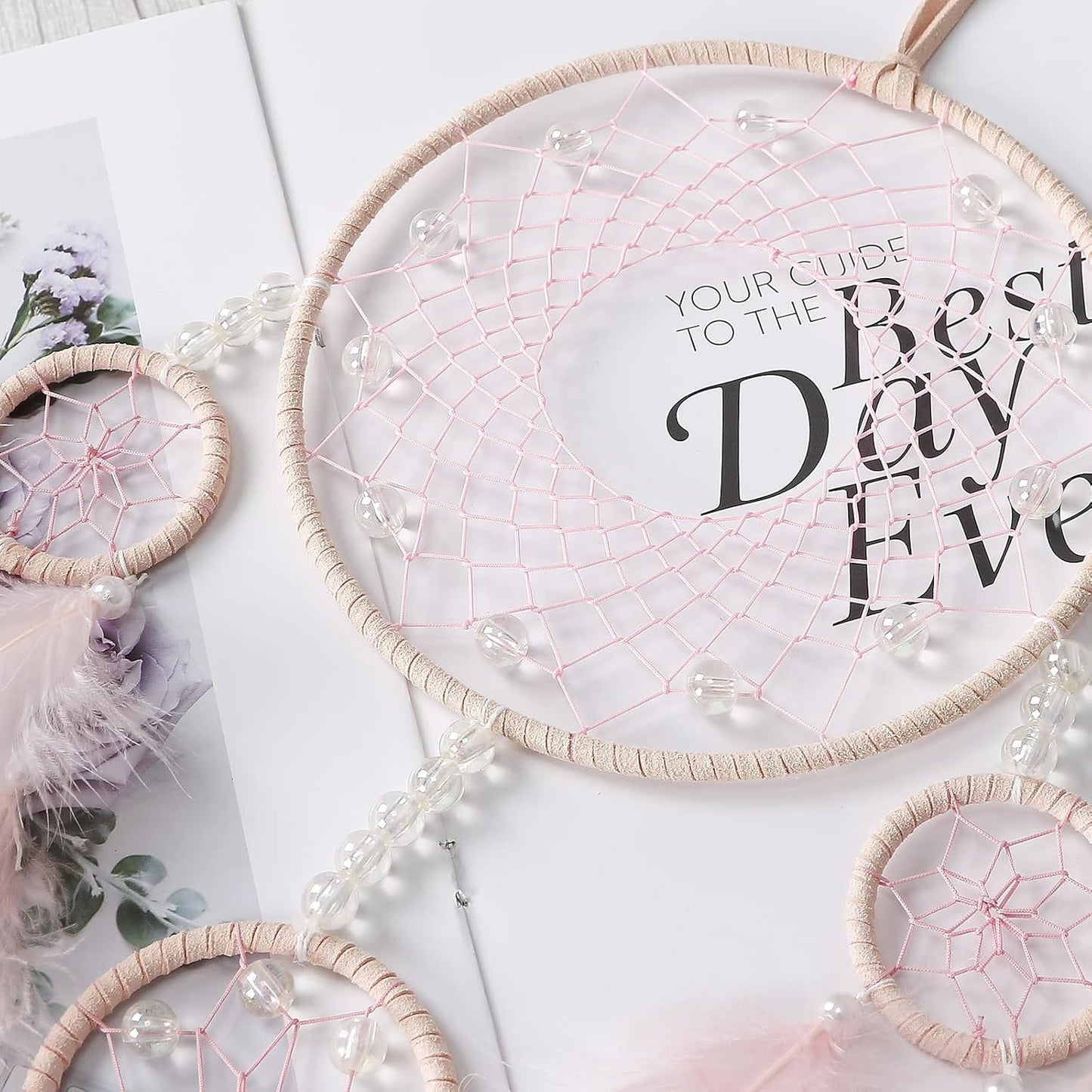 Pink Dream Catcher Wall Decor Handmade Feathers Dreamcatcher Wall Hanging Ornament Room Decor Craft Blessing Gift for Kids Boys Girls (Pink, No Light)