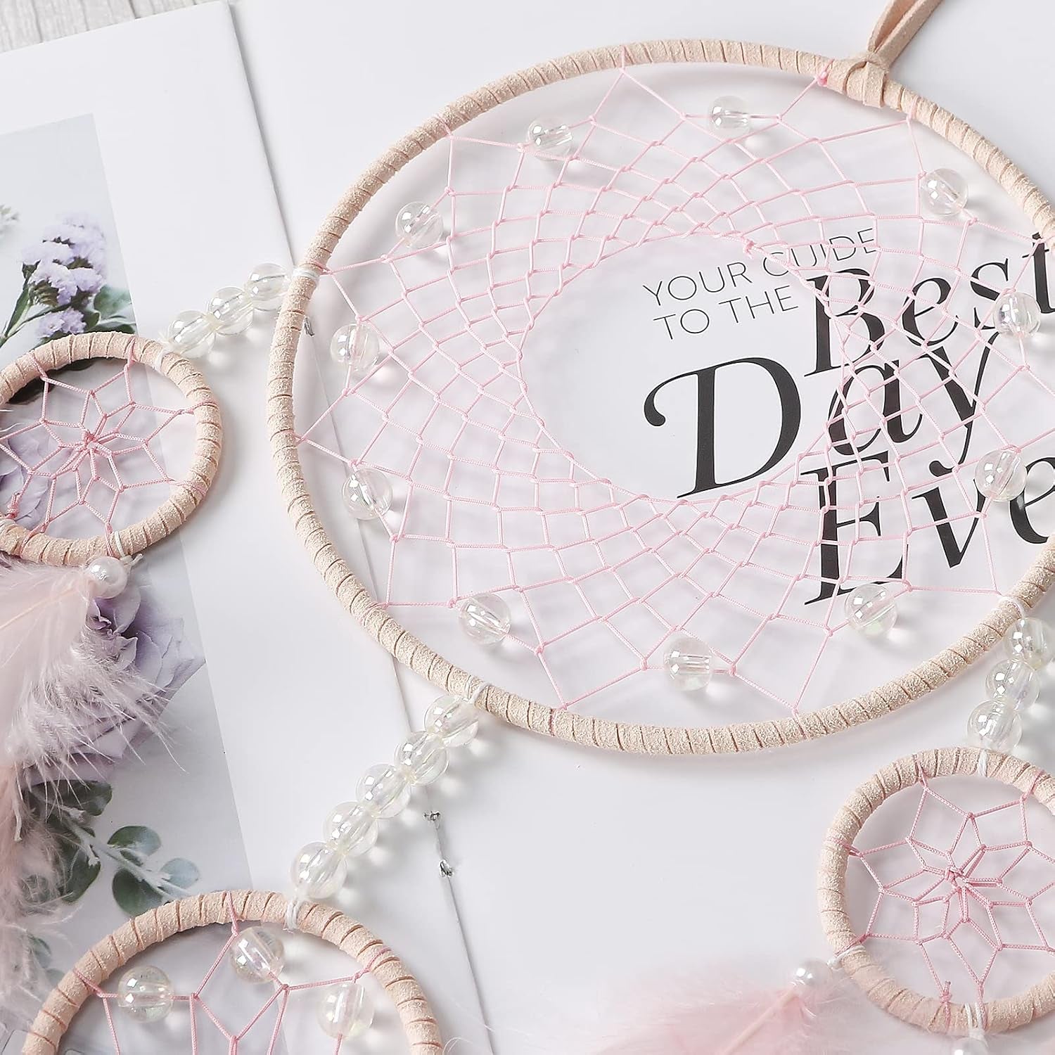 Pink Dream Catcher Wall Decor Handmade Feathers Dreamcatcher Wall Hanging Ornament Room Decor Craft Blessing Gift for Kids Boys Girls (Pink, No Light)