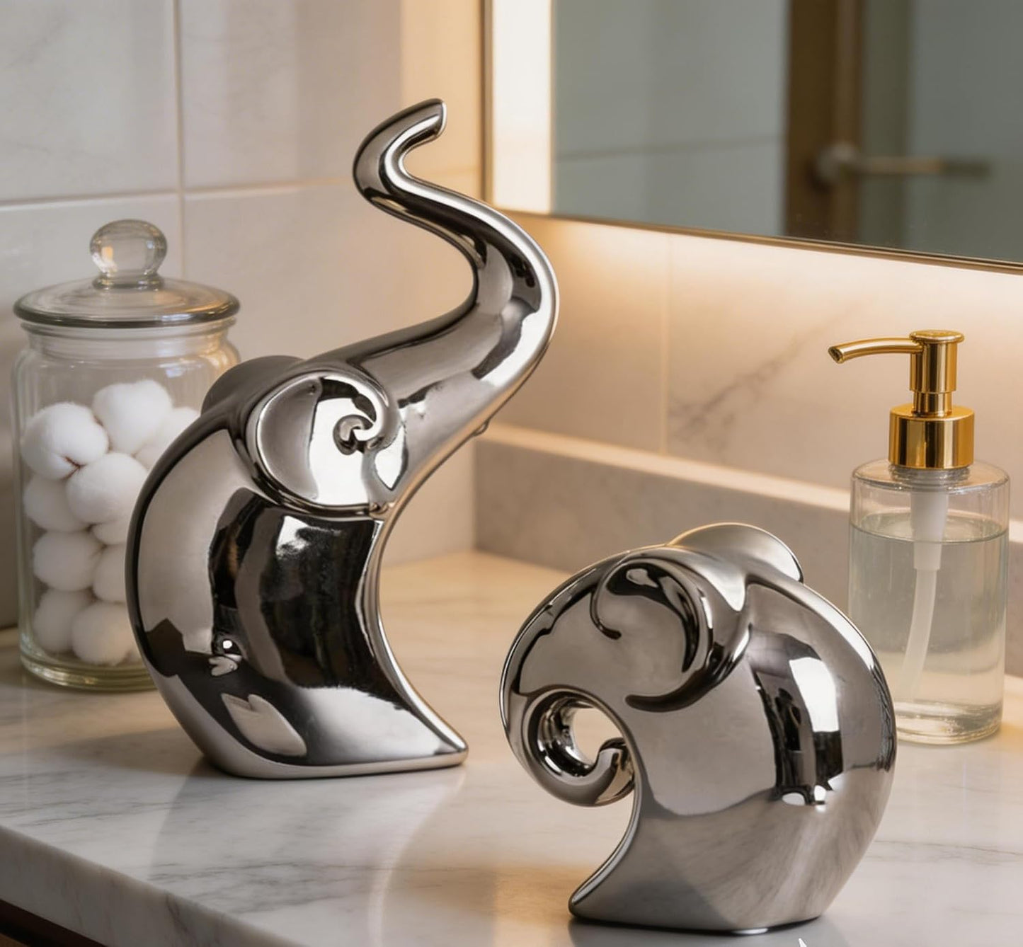 Couple Elephant Statues, Silver Ceramic Figurines for Romance Home & Wedding Decor