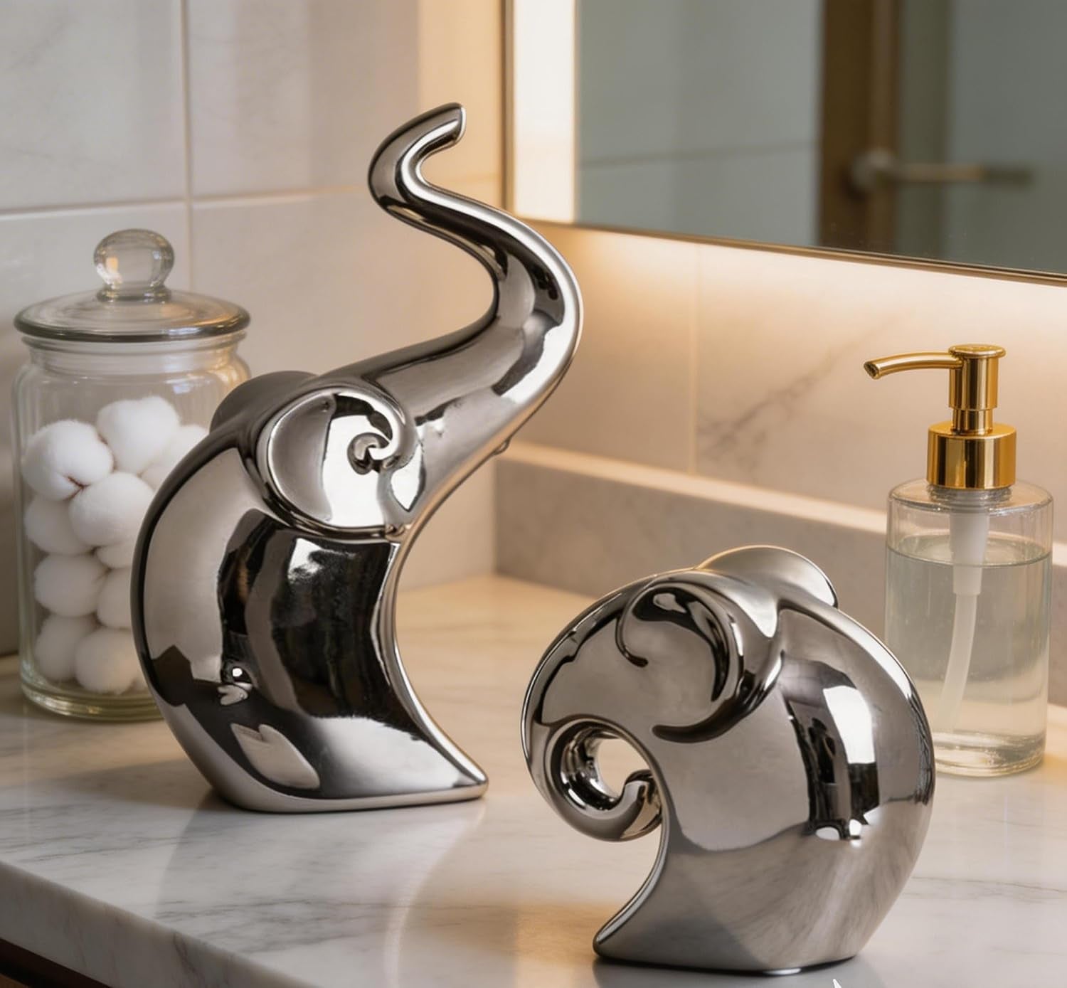 Couple Elephant Statues, Silver Ceramic Figurines for Romance Home & Wedding Decor