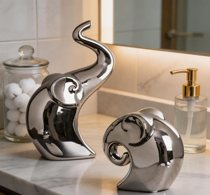 Couple Elephant Statues, Silver Ceramic Figurines for Romance Home & Wedding Decor