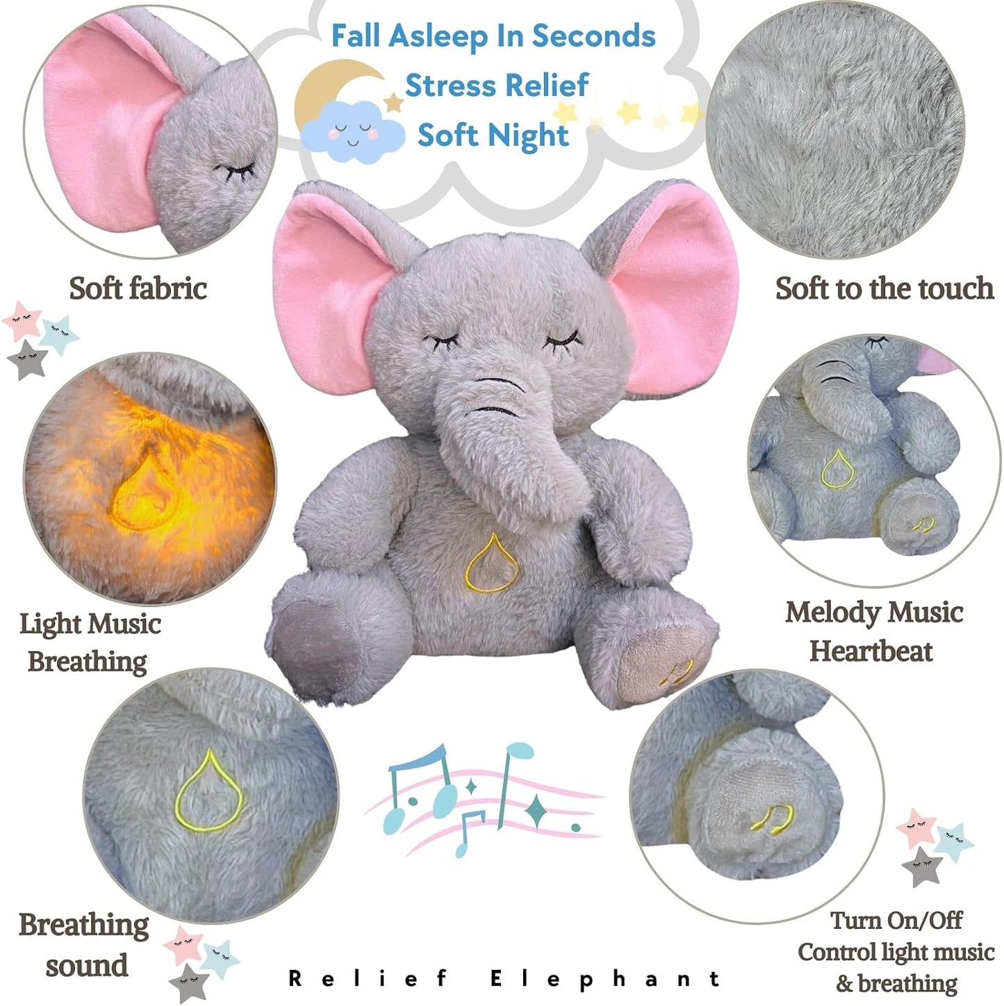 Anxiety Relief Koala Elephant, Breathing Teddy Anxiety Bear with Calming Music, Lights, Sleeping Otter Plush, Soothing Elephant for Adults & Kids, Stress Relief Stuffed Animal